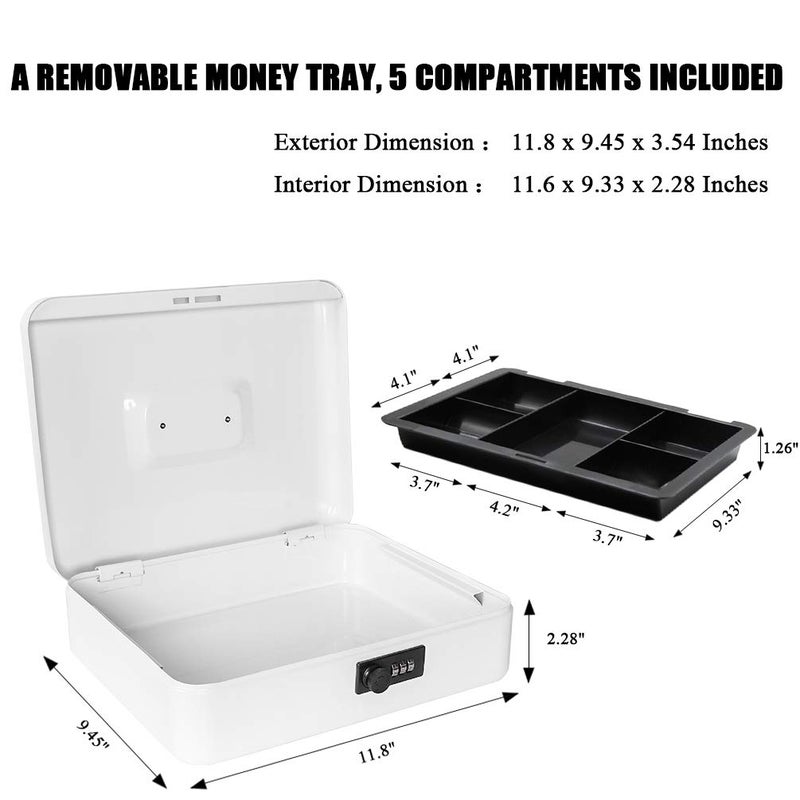Jssmst X-Large Cash Box with Combination Lock - Durable Metal Cash Box with Money Tray, White, 11.81 x 9.84 x 3.46 inches, CB0704XLN - Image 4